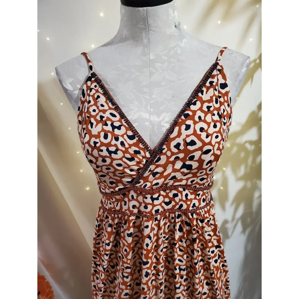 Maaji + Rapsodia Leopard Animal Print Beaded Tiered Maxi Dress Size L Beachy